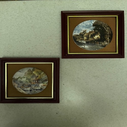 دیوارکوب قدیمی محدب طرح منظره، جفتی با قاب چوبی