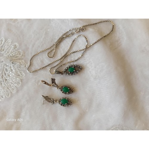 گوشواره گردنبند نقره نگین عقیق با زنجیر زیبا