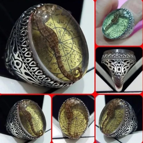 فروش انگشتر کهربا نادر و خاص با فسیل اسب دریایی
