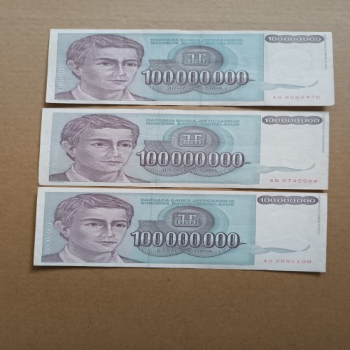 خرید 3 قطعه اسکناس 100 میلیون دینار یوگسلاوی وردسا
