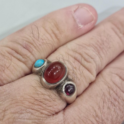 انگشتر 3سنگ خاص عقیق یاقوت فیروزه نیشابور دست‌ساز