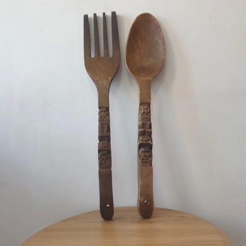 فروش قاشق چنگال چوبی سایز بزرگ کنده کاری آنتیک