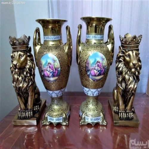 فروش جفت گلدون طلا آنتیک و شیر تاجدار سلطنتی