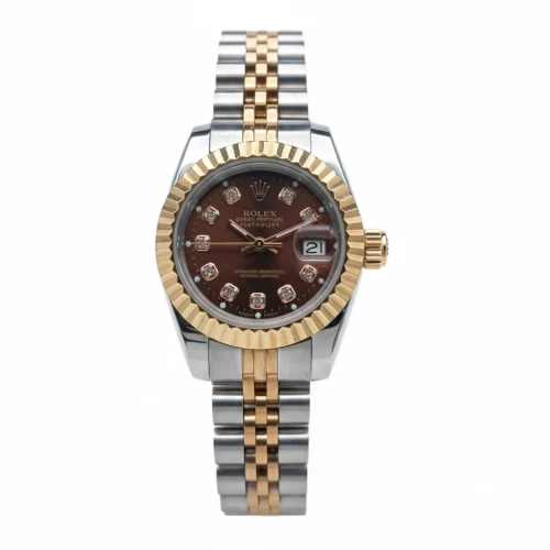 ساعت رولکس دیت جاست رزگلد زنانه صفحه قهوه‌ای