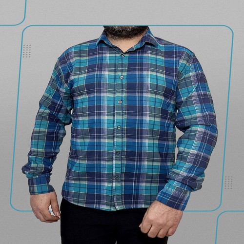 پیراهن مردانه چهارخانه آبی طوسی مدل 1358