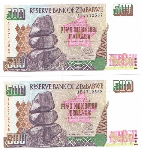 فروش جفت اسکناس 500 دلاری زیمبابوه نایاب 2001