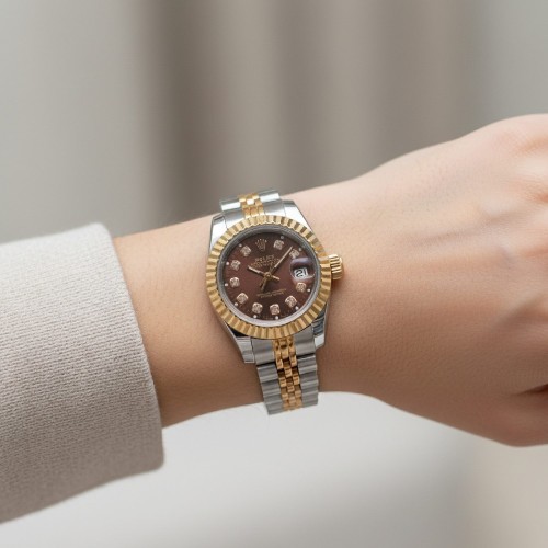 ساعت رولکس دیت جاست دورنگ رزگلد صفحه قهوه ای (کافی) زنانه - Image 4