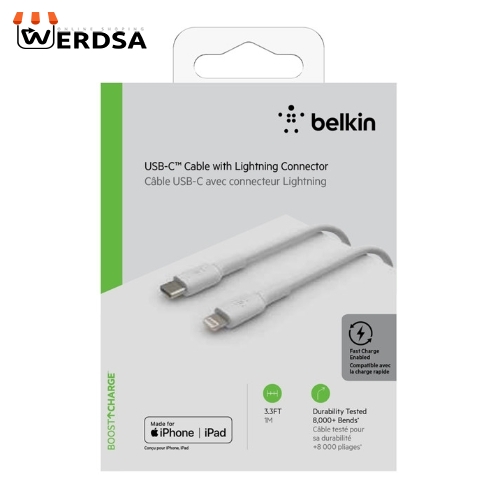 کابل تبدیل USB-C به لایتنینگ بلکین مدل CAA003bt1MMG Fast Charge طول 1 متر