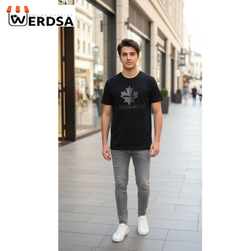 تیشرت آستین کوتاه ساده طرح برگ نگین دار مدل T50 محدود