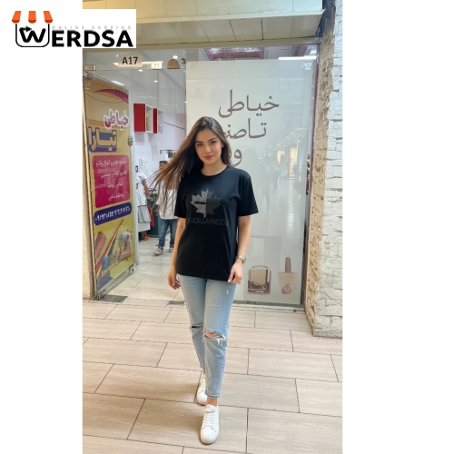 تیشرت آستین کوتاه ساده طرح برگ نگین دار مدل T50 محدود