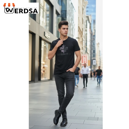 تیشرت آستین کوتاه ساده طرح برگ نگین دار مدل T50 محدود