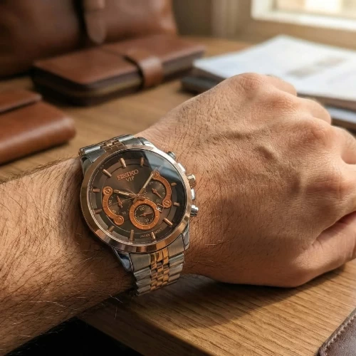 ساعت سیکو دورنگ رزگلد صفحه مشکی طرح سه موتور 1758 تک مردانه - Image 4