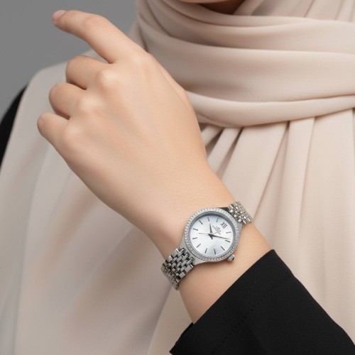 ساعت دورنگین الگانس استیل صفحه آبی صدفی زنانه - Image 3