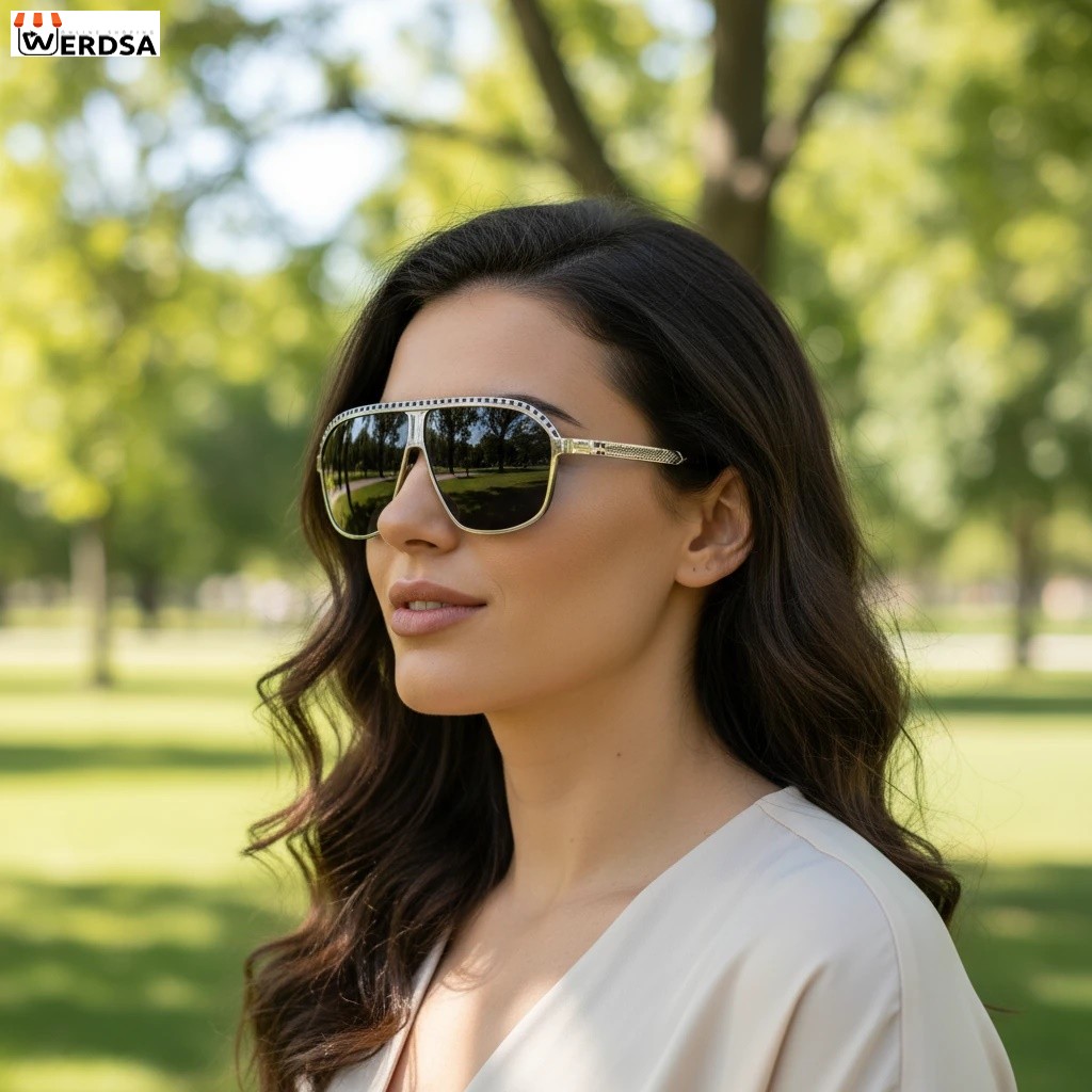 عینک آفتابی, عینک فلزی, فریم نقرهای, لنز دودی, محافظ UV400, طراحی مدرن, فریم لاکچری, عینک لوکس, فریم براق, استایل رسمی, عینک فشن, طراحی خلبانی, عینک مردانه زنانه, عینک ضدخش, aviator sunglasses, silver frame sunglasses, black lens, luxury eyewear, UV protection, modern style, street fashion