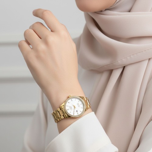ساعت سیتیزن دور نگین طلایی صفحه سفید زنانه - Image 4