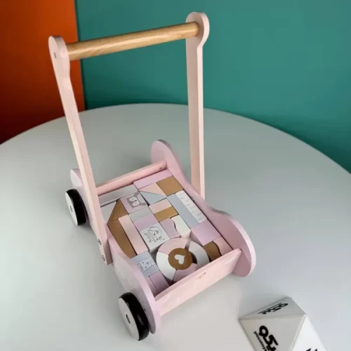 واکر کودک و بلوک چوبی 31 تکه رنگ صورتی کد P/1614/B