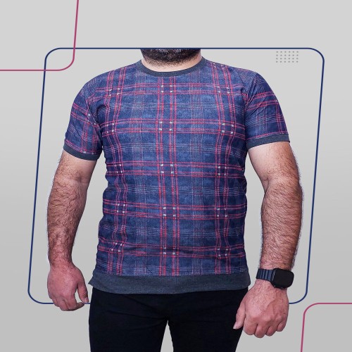 تیشرت آستین کوتاه چهارخانه سورمه ای قرمز مدل 1405