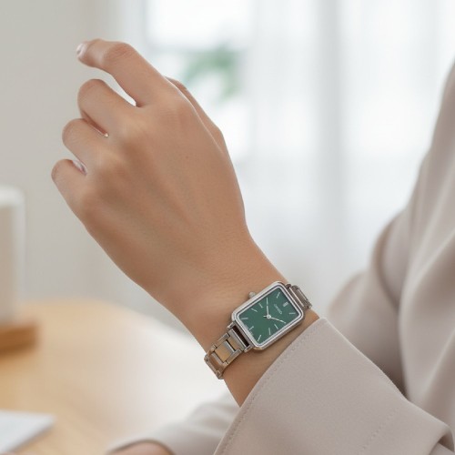 ساعت کاسیو مستطیلی استیل صفحه سبز زنانه - Image 4