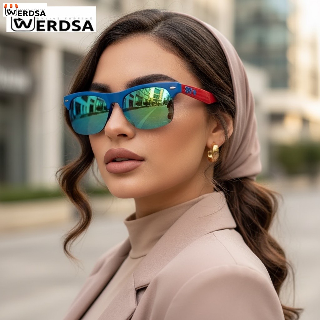 عینک زنانه 1565 ترکیب آبی‌سبز آینه‌ای با دسته قرمز