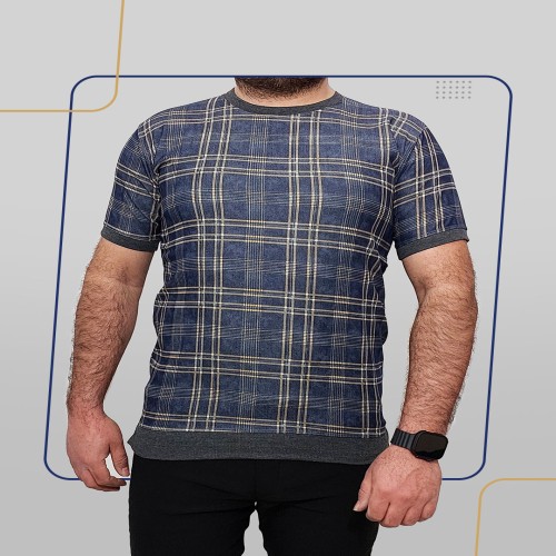 تیشرت آستین کوتاه چهارخانه سورمه ای زرد مدل 1406