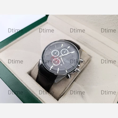 ساعت سیتیزن استیل صفحه مشکی چرمی طرح سه موتور مردانه