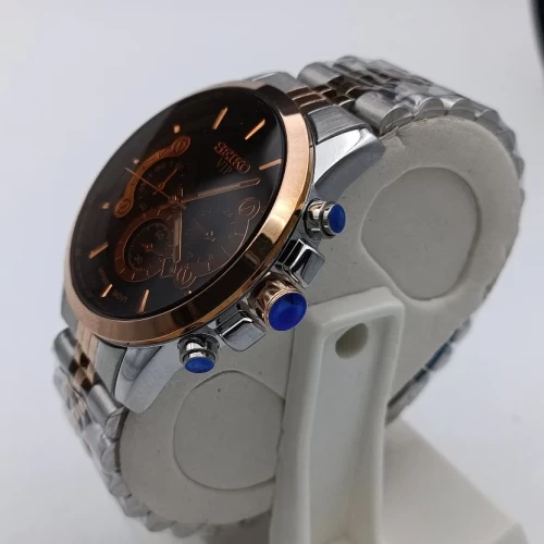 ساعت سیکو دورنگ رزگلد صفحه مشکی طرح سه موتور 1758 تک مردانه - Image 2