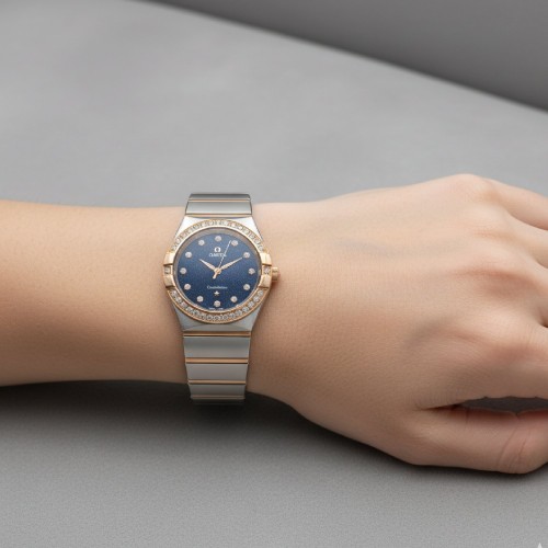 ساعت دورنگین امگا کانسلیشن دو رنگ رزگلد صفحه سرمه ای زنانه - Image 4