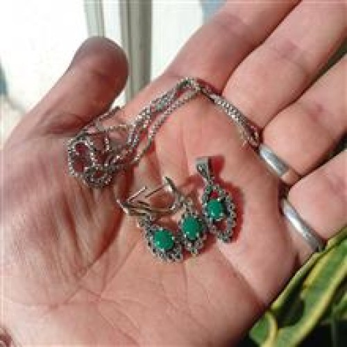 خرید گوشواره گردنبند با زنجیر نقره نگین عقیق وردسا