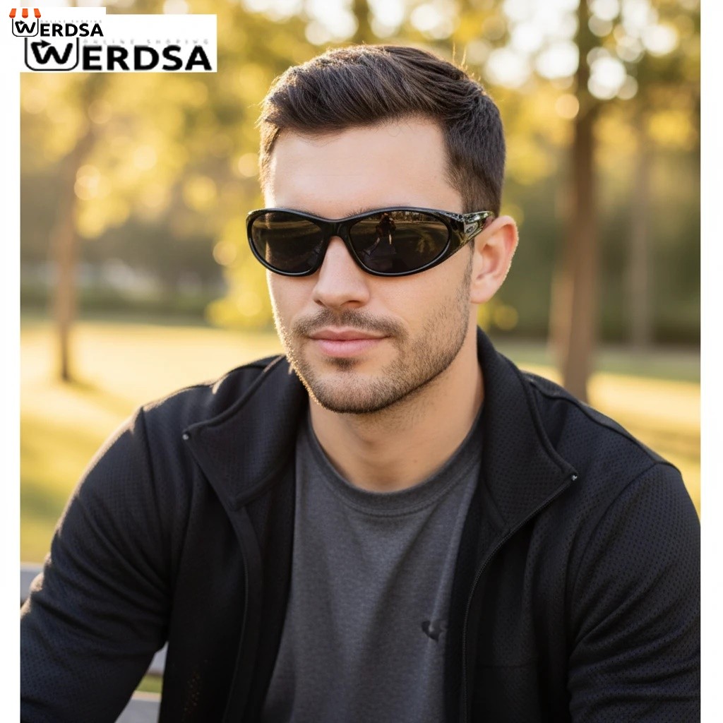 عینک آفتابی, عینک اسپرت, عینک PUGS, فریم مشکی, لنز دودی, محافظ UV400, پلی‌کربنات مقاوم, طراحی مدرن, عینک رانندگی, عینک ورزشی, عینک مردانه زنانه, ضدخش, فیلتر نور خورشید, عینک فشن, sport sungla