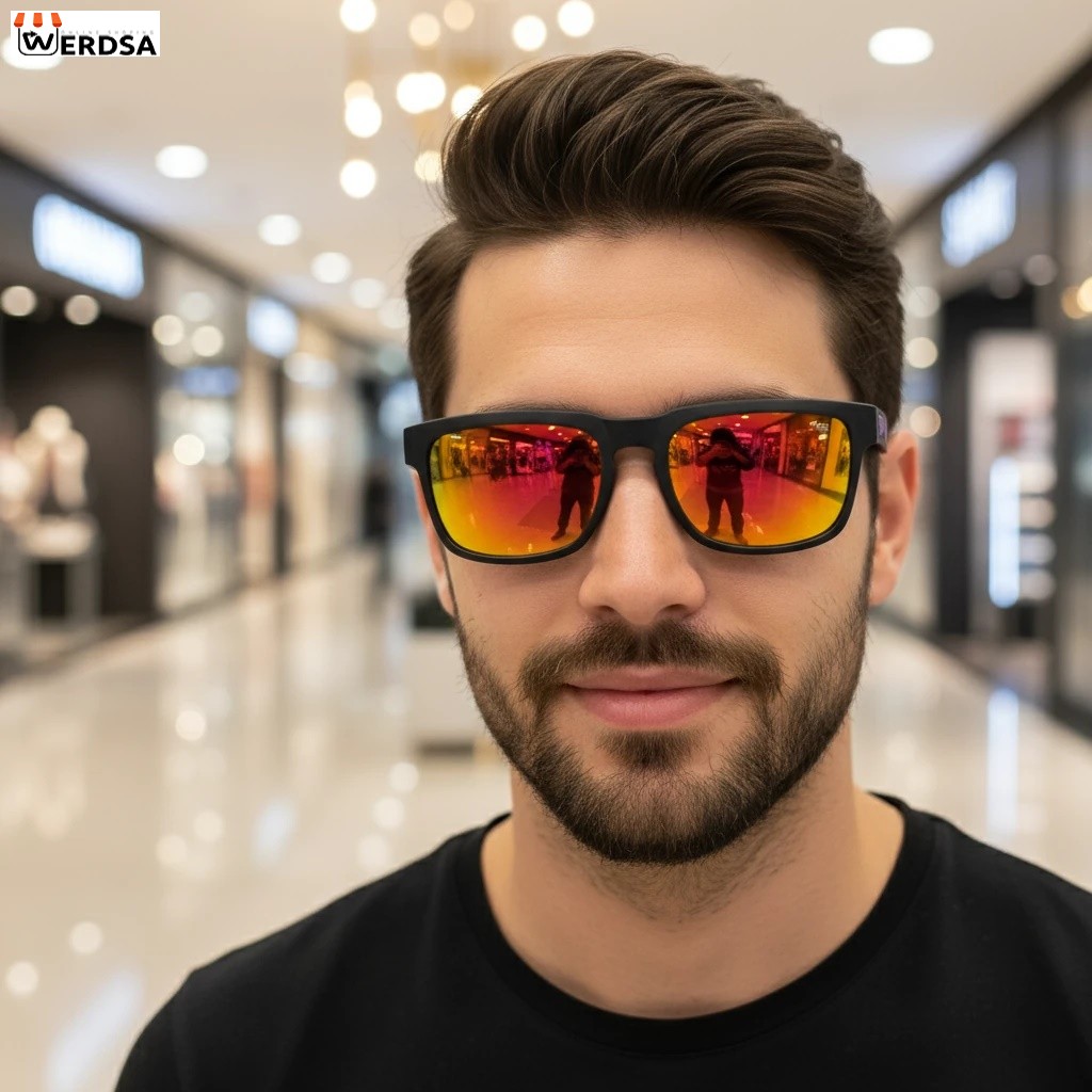 عینک آفتابی اسپرت با فریم مشکی و لنز آینه‌ای نارنجی قرمز