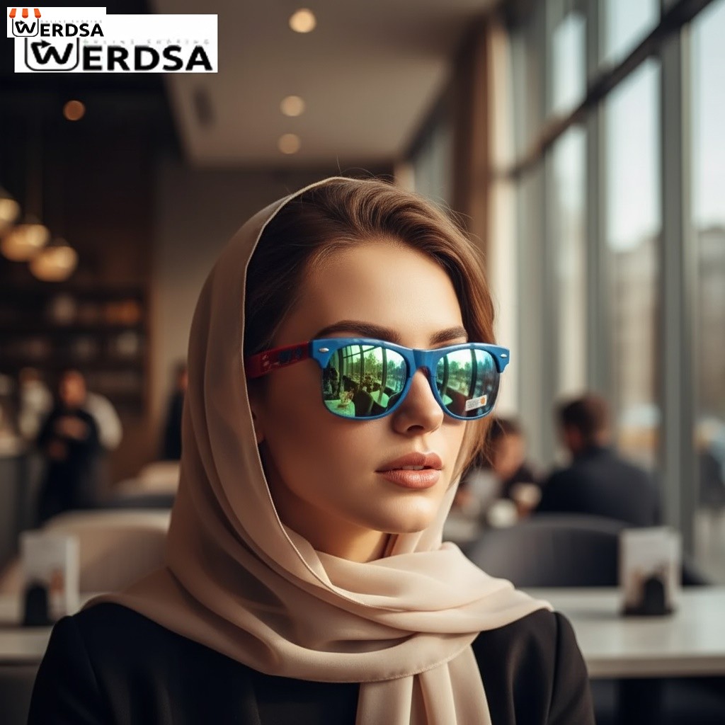 عینک زنانه 1565 ترکیب آبی‌سبز آینه‌ای با دسته قرمز