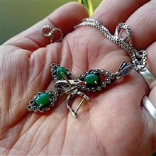 خرید گوشواره گردنبند با زنجیر نقره نگین عقیق وردسا