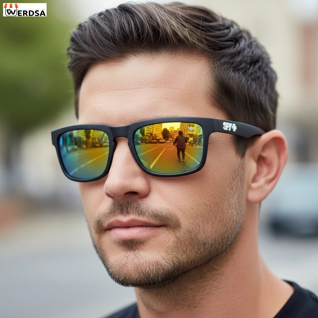 عینک آفتابی اسپرت با فریم مشکی و لنز آینه‌ای سبز طلایی