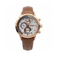 ساعت زنانه سیکو رزگلد صفحه سفید چرمی طرح سه موتور