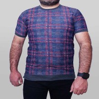 تیشرت آستین کوتاه چهارخانه سورمه‌ای قرمز مدل 1405