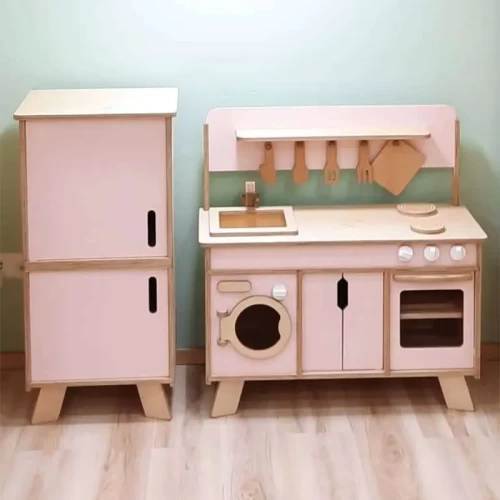 یونیت آشپزخانه کودک چوبی صورتی با طراحی مدرن