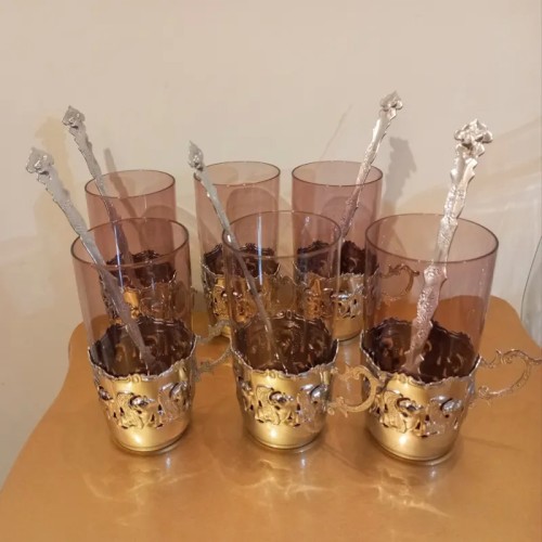 فروش سرویس لیوان آنتیک و قدیمی پیوتر با قاشق و انگاره